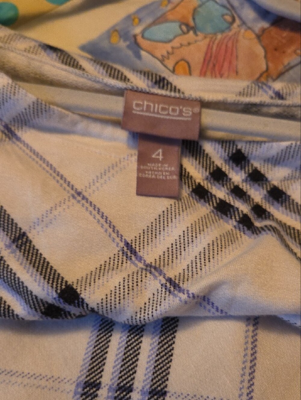 Chico's Cream Plaid Long-Sleeve Tee Size 4 - Picture 2 of 4